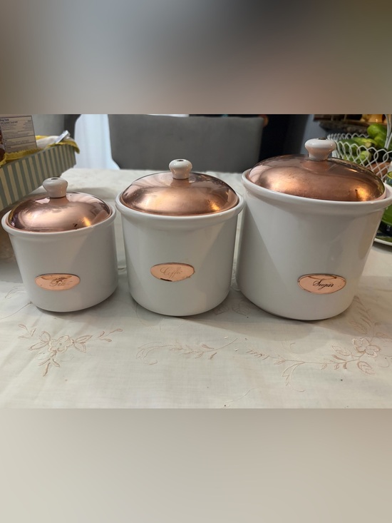 None Other - White Ceramic Kitchen Canister Set with Copper  Lids